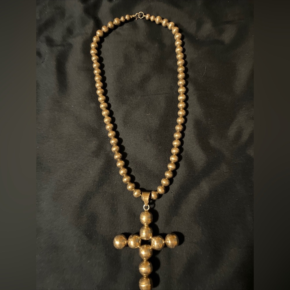 Sterling Silver Beads Necklace With Large Pendant Cross